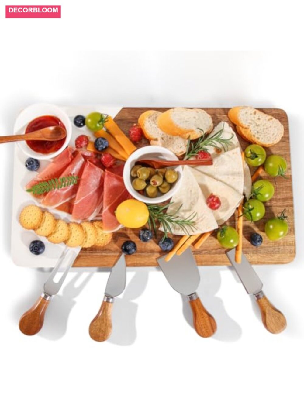 Acacia Wood Marble Charcuterie Board Set 4 Knives 2 Bowls 2 Spoons Cheese